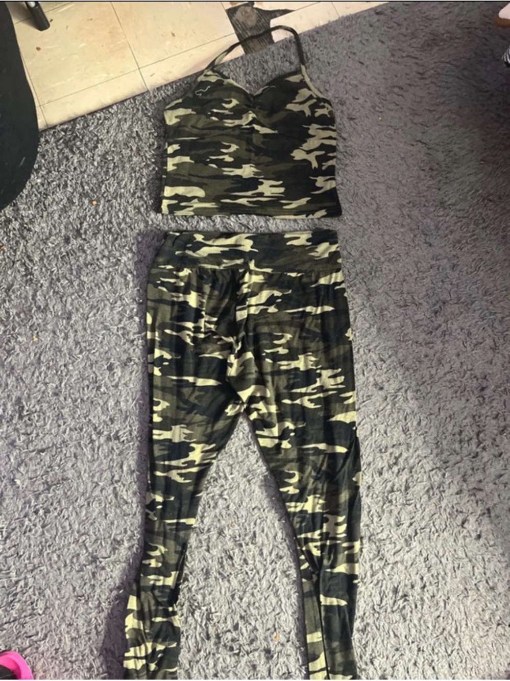 SHEIN Olive Green Camouflage Two-Piece Tank Top and Leggings Set